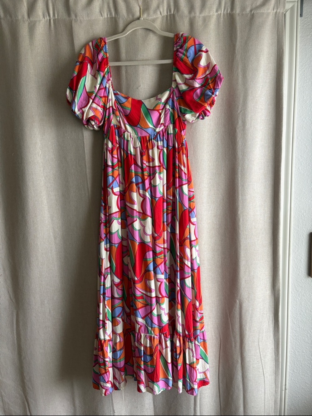 Storia Red Pink Green Abstract Print Midi Dress with Puff Sleeves